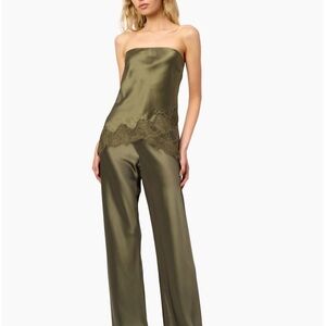 SILK SET: Cami NYC Olive Satin Lace Strapless Camisole & Pants
